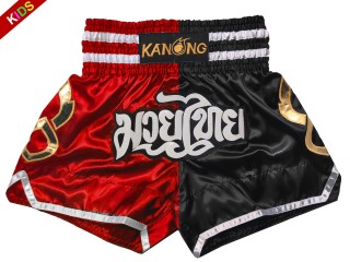 Kanong Kids Muay Thai Kick boxing Shorts : KNS-143-Red-Black-K