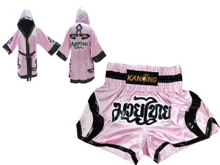 Custom Muay Thai Robe with hood and Kickboxing Shorts : Set-143-Pink