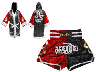 Custom Muay Thai Robe with hood and Kickboxing Shorts : Set-143-Red-Black