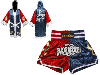 Custom Muay Thai Robe with hood and Kickboxing Shorts : Set-143-Red-Navy