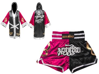 Custom Muay Thai Robe with hood and Kickboxing Shorts : Set-143-Rose-Black