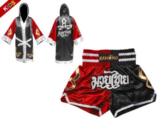 Custom Kids Muay Thai Boxing Robe and Shorts : Set-KIDS-143-Red-Black