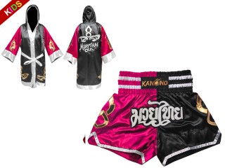 Custom Kids Muay Thai Boxing Robe and Shorts : Set-KIDS-143-Rose-Black