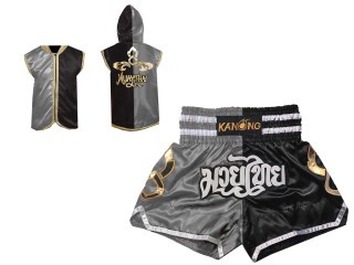 Custom Muay Thai Shorts and Boxing Hoodie : 143-Silver-Black