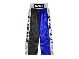 Custom made kickboxing pants with name: KNPANTS-001-Black-Blue