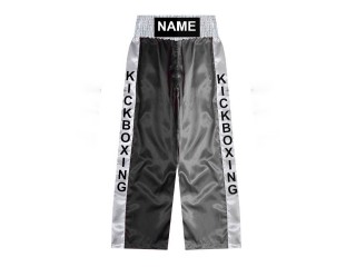 Custom made kick boxing trousers with name : KNPANTS-001-Black-Silver