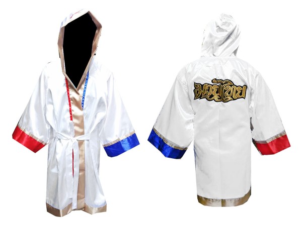 Kanong Customize Muay Thai Fight Robe with hood : KNFIR-128-White